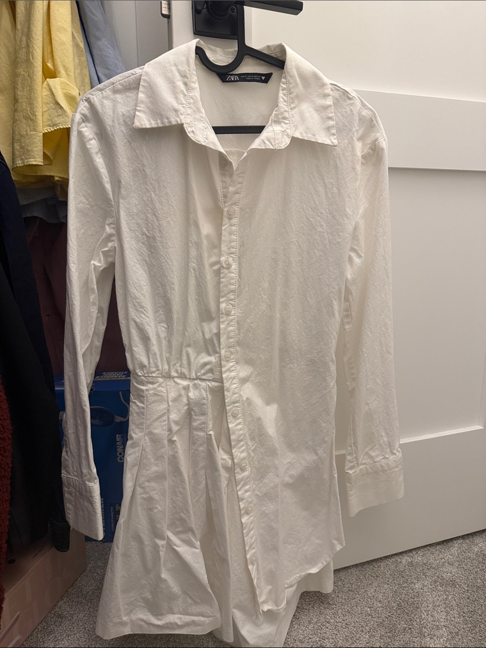 ZARA Cream-White Button-Down Shirt Dress with Gathered Waist